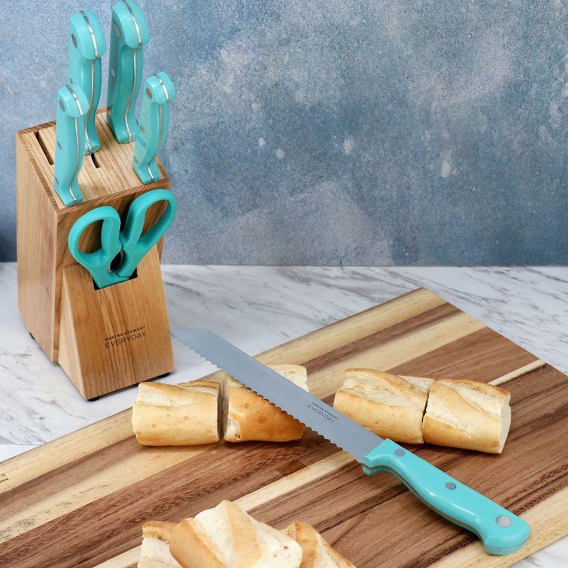 Martha Stewart Everyday Keswick 7 Piece Stainless Steel Cutlery and Wood Block Set in Teal