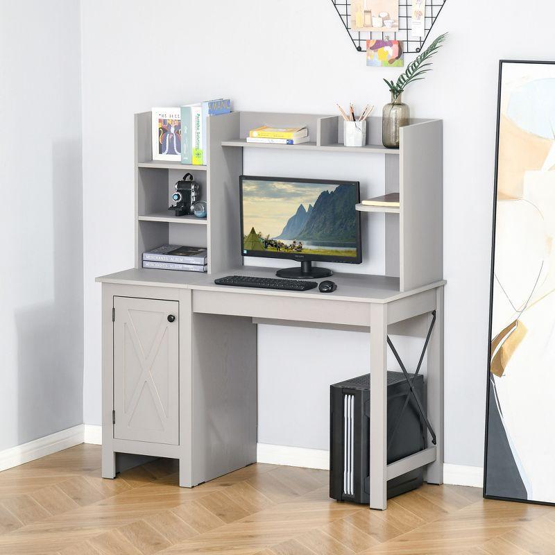 Modern Light Grey Wood Computer Desk with Hutch and Filing Cabinet