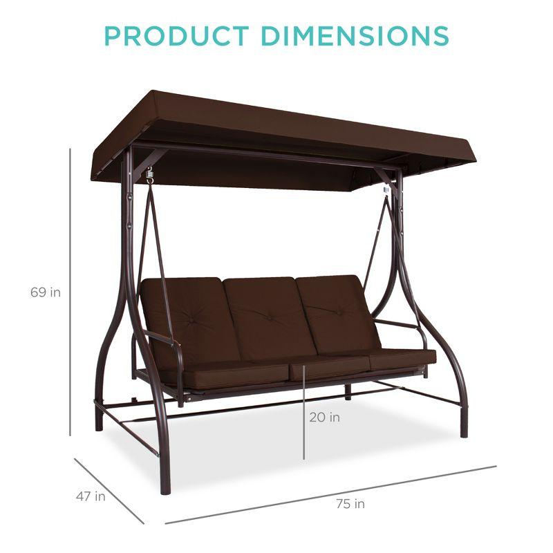 Brown 3-Seat Outdoor Canopy Swing Glider with Cushions