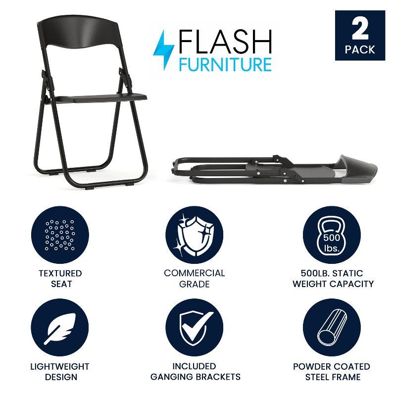 Flash Furniture 2 Pack HERCULES Series 500 lb. Capacity Heavy Duty Black Plastic Folding Chair with Built-in Ganging Brackets
