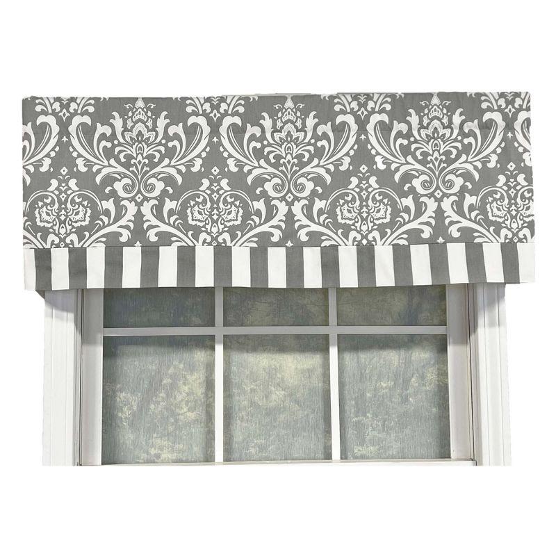 Gray and White Damask Rod Pocket Valance with Stripe Banding