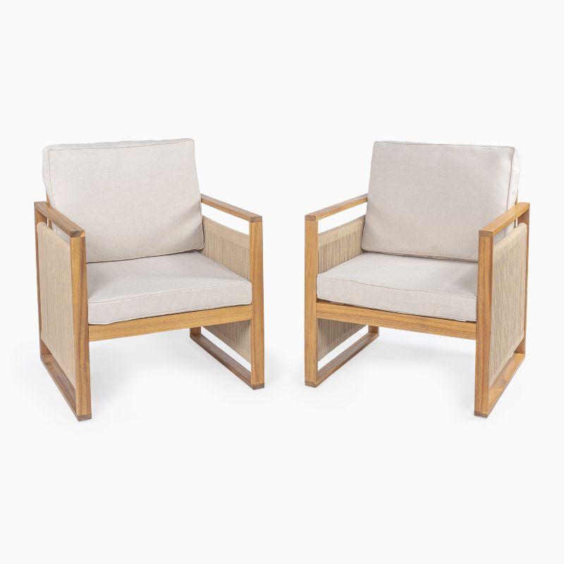 Gable Mid-Century Modern Roped Acacia Wood Outdoor Patio Chair with Cushions, Beige/Light Teak (Set of 2) - JONATHAN Y