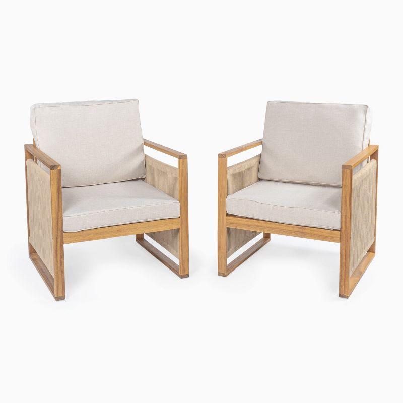 Mid-Century Modern Roped Acacia Wood Patio Chairs with Cushions