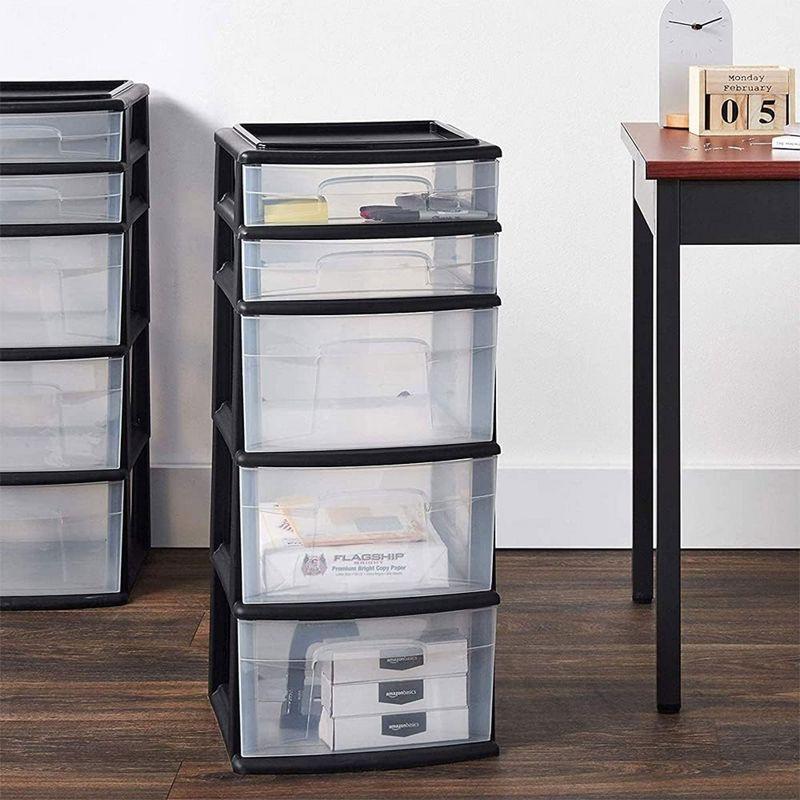 Homz Plastic 5 Clear Drawer Medium Home Closet Organizer Storage Container Tower with 3 Large Drawers and 2 Small Drawers, Black Frame