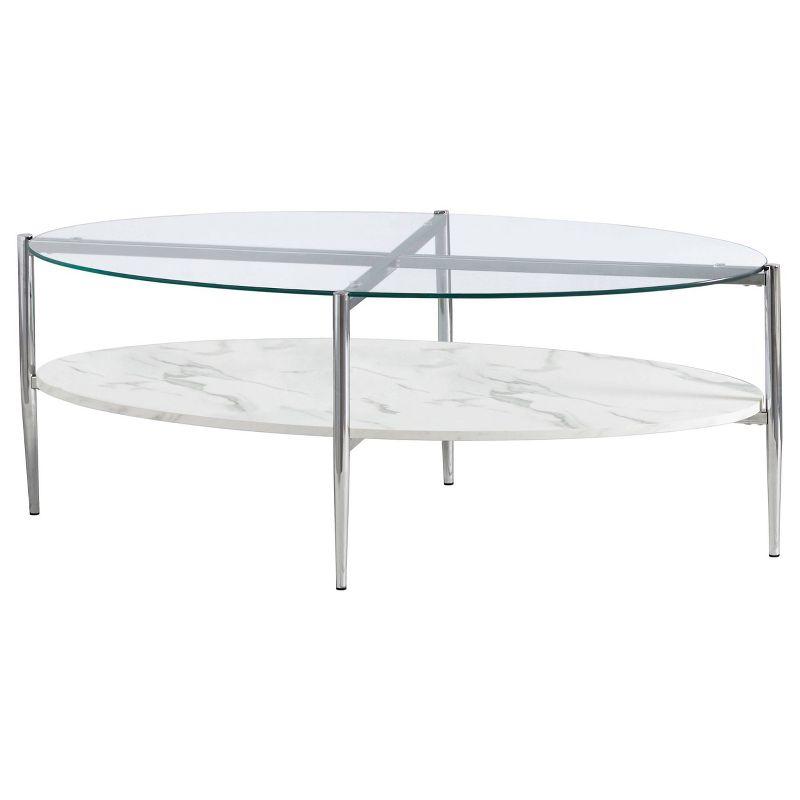 Cadee Oval Glass Top Coffee Table with Faux Marble Shelf