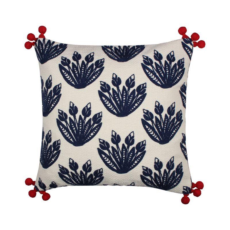 Navy Floral Embroidered Square Throw Pillow with Red Pom Poms