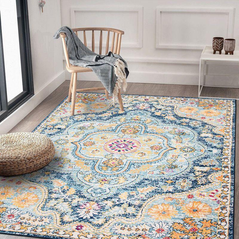 World Rug Gallery Distressed Vintage Bohemian Navy 5' x 7' Area Rug:  Medallion Pattern,  Pet Friendly,  Stain-Resistant,  Low Pile