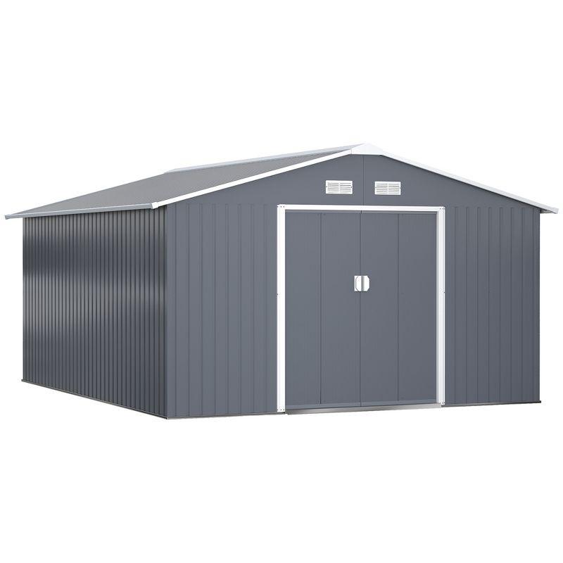 Outsunny 11' x 12.6' Metal Storage Shed Organizer, Garden Tool House with 4 Vents and 2 Sliding Doors for Backyard, Patio, Garage, Lawn, Dark Gray