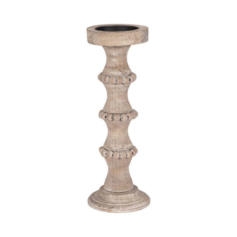 Ivory-Beige 14" Wood Pillar Candle Holder with Beads