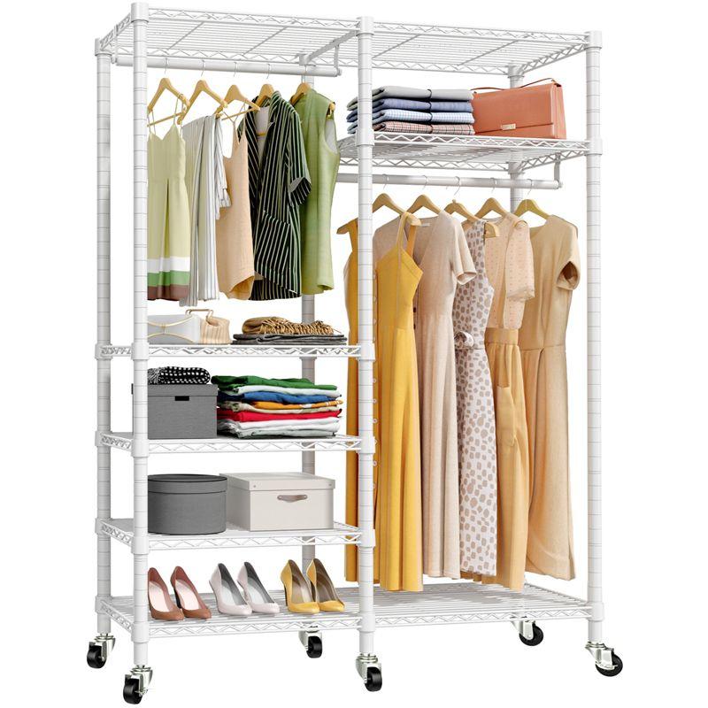 White Heavy Duty Rolling Garment Rack with Adjustable Shelves