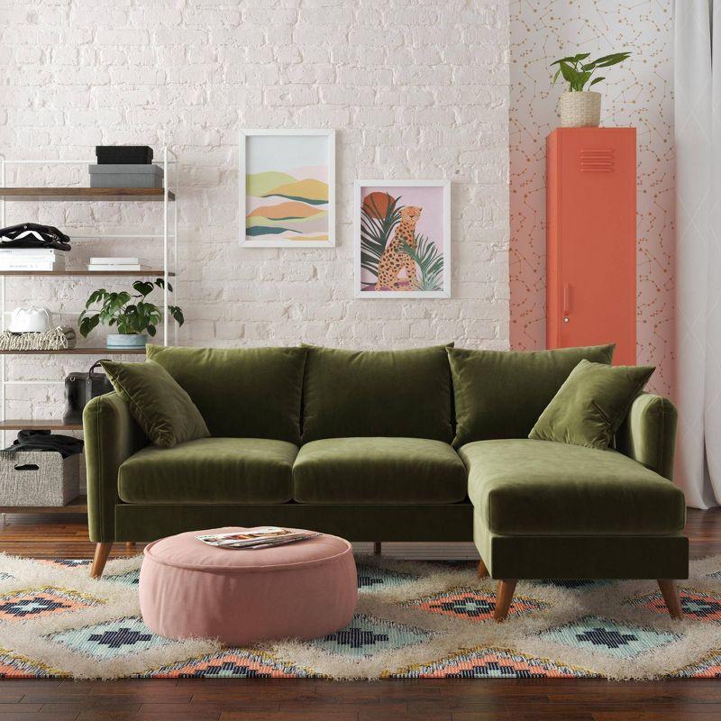 Green Velvet Two Piece Sectional Sofa with Wood Legs