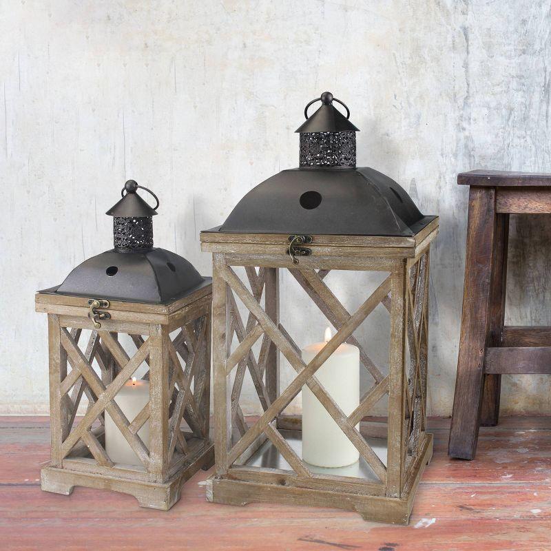 Stonebriar Collection Set of 2 Wooden and Metal Hurricane Candles Lantern Brown : Indoor/Outdoor, Pillar Compatible