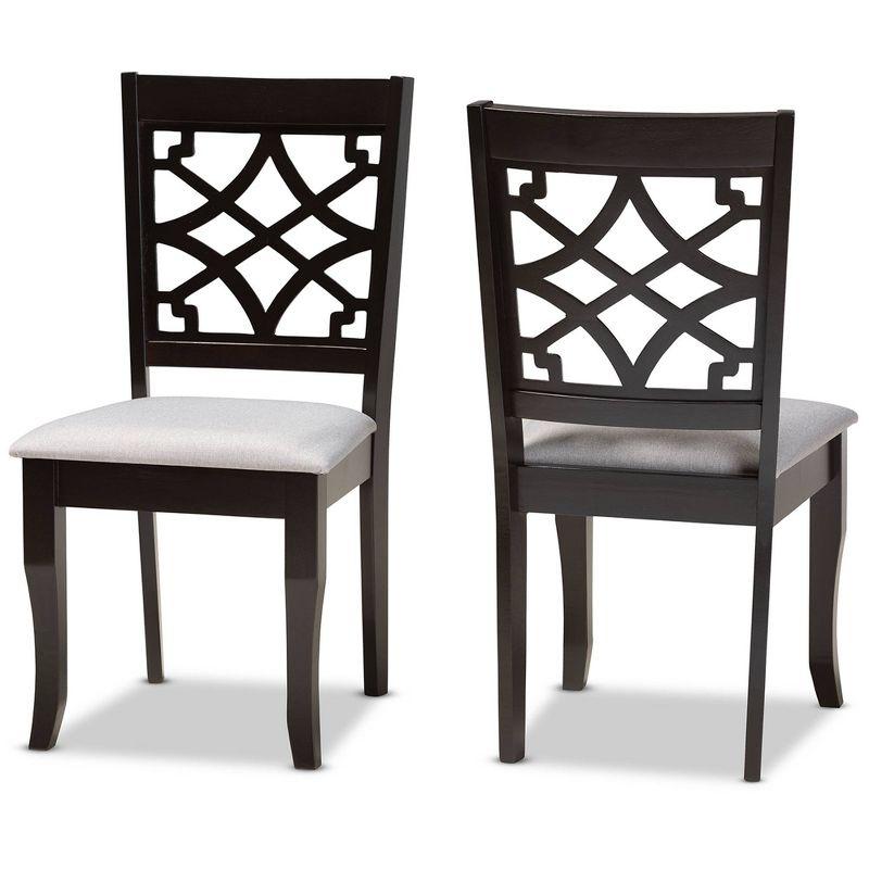 Set of 2 Grey Fabric and Dark Brown Wood Dining Chairs with Cut-Out Back