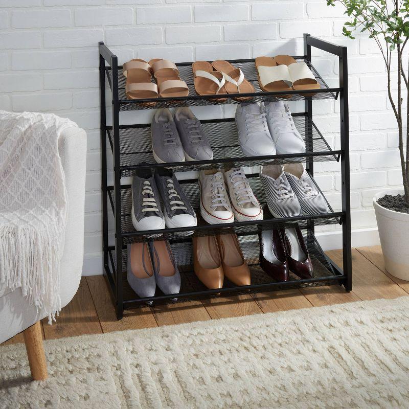 Black Metal 4-Tier Stackable Mesh Shoe Rack