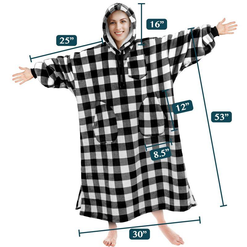 PAVILIA Wearable Blanket Hoodie Adults, Faux Shearling Cozy Oversized Hooded Sweatshirt, Warm Fleece Two Pockets (Checker White - Long, Adult)
