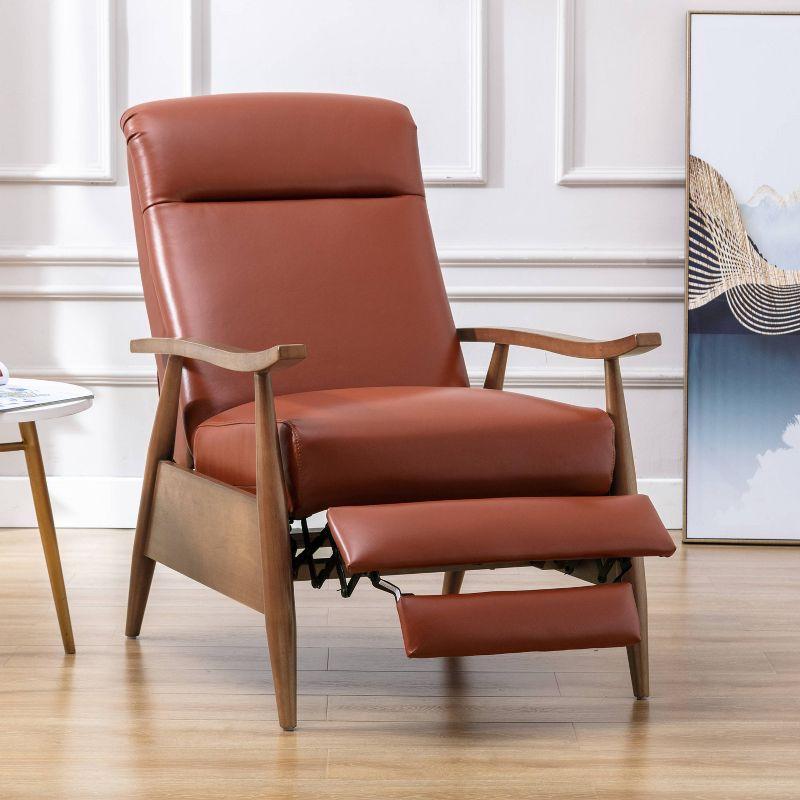 Comfort Pointe Fairview Press-Back Recliner: Top-Grain Leather, Mid-Century Modern, Wood Arms