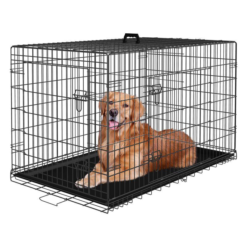 FDW 48 Inch Dog Crates for Large Dogs, Folding Mental Wire Crates Dog Kennels Pet Dog Cage Crate with Double-Door Removable Tray and Handle,Black
