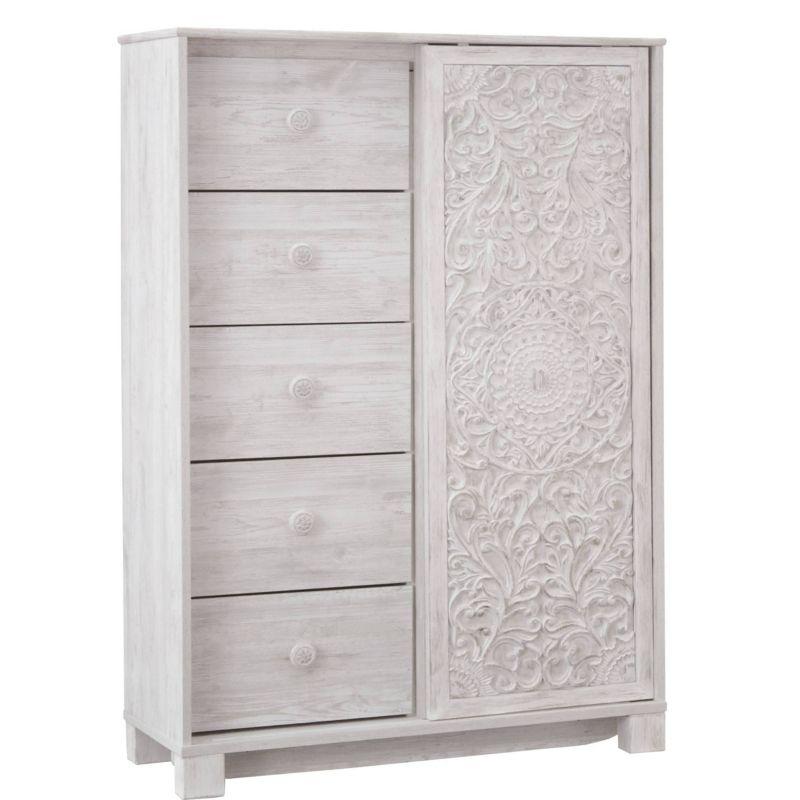 Whitewash Bohemian 5-Drawer Chest with Carved Door