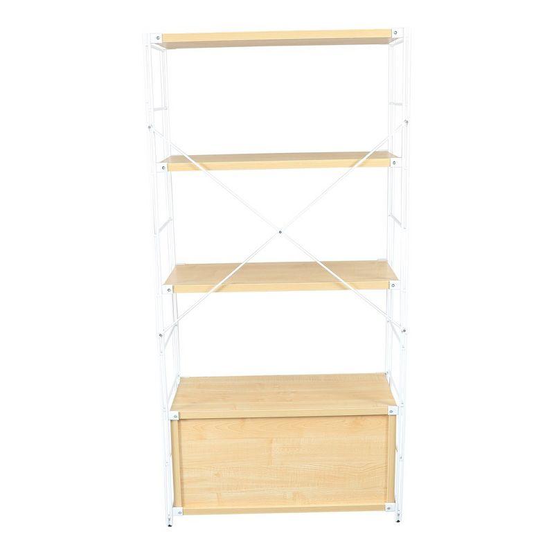 LeisureMod Etagere 4-Shelf Bookcase - White Stainless Steel Frame, Durable Melamine Shelves, Perfect for Living Rooms or Offices, Natural Wood