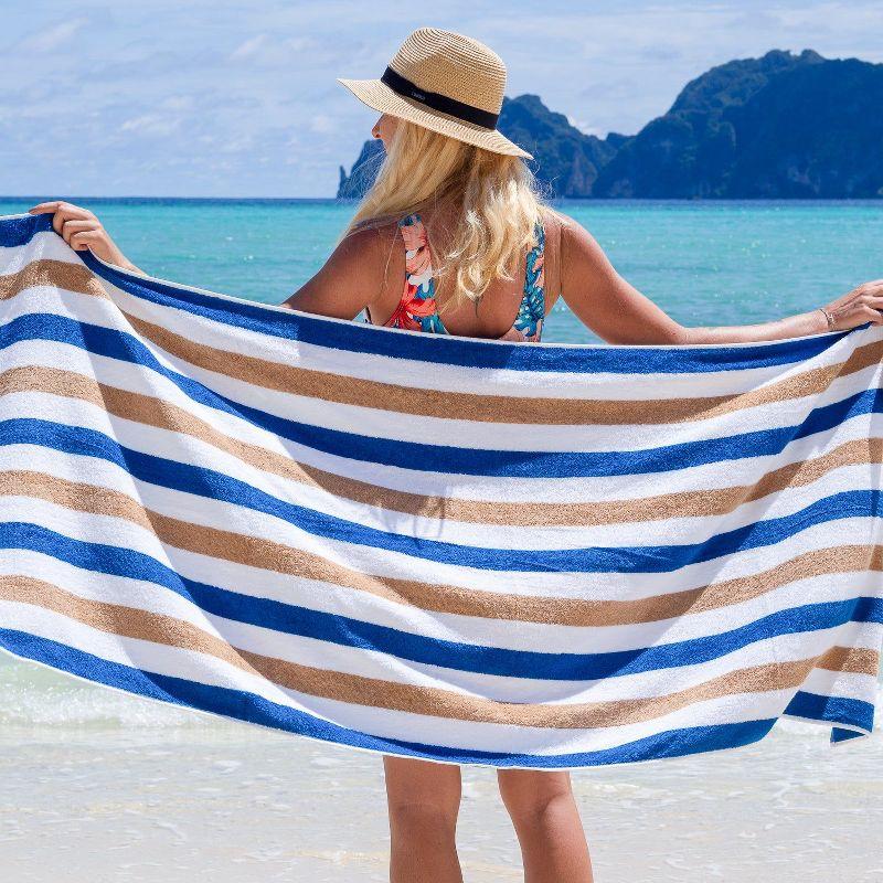 Arkwright Oversized Beach Towels (30x70, 4-Pack), Soft Ringspun Cotton Cabo Cabana Striped Beach Towel, Pool Towel, Bath Towel - Navy/Beige