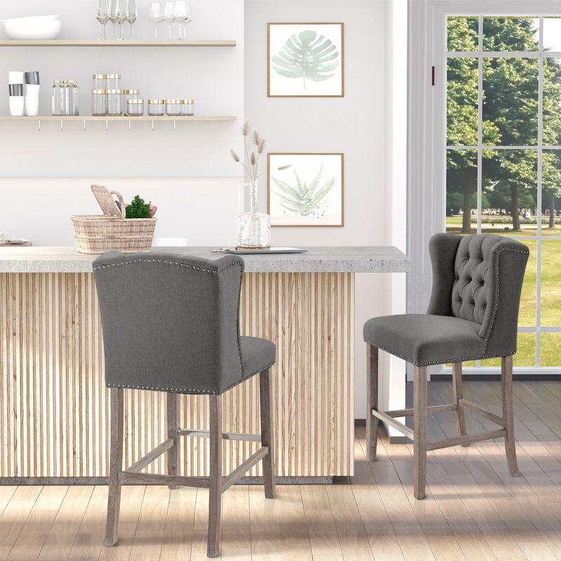 Dark Grey Upholstered Wingback Bar Stools with Wood Legs, Set of 2