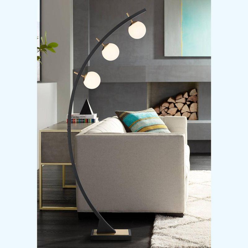 Possini Euro Design Rialto Modern Arched Floor Lamp 68 1/4" Tall Warm Gold Matte Black 3 Light Frosted White Glass Orb Shade for Living Room Reading