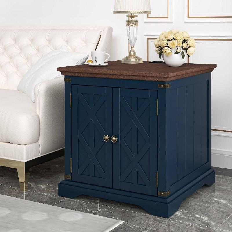 Navy and Dark Wood Farmhouse Side Table with Storage