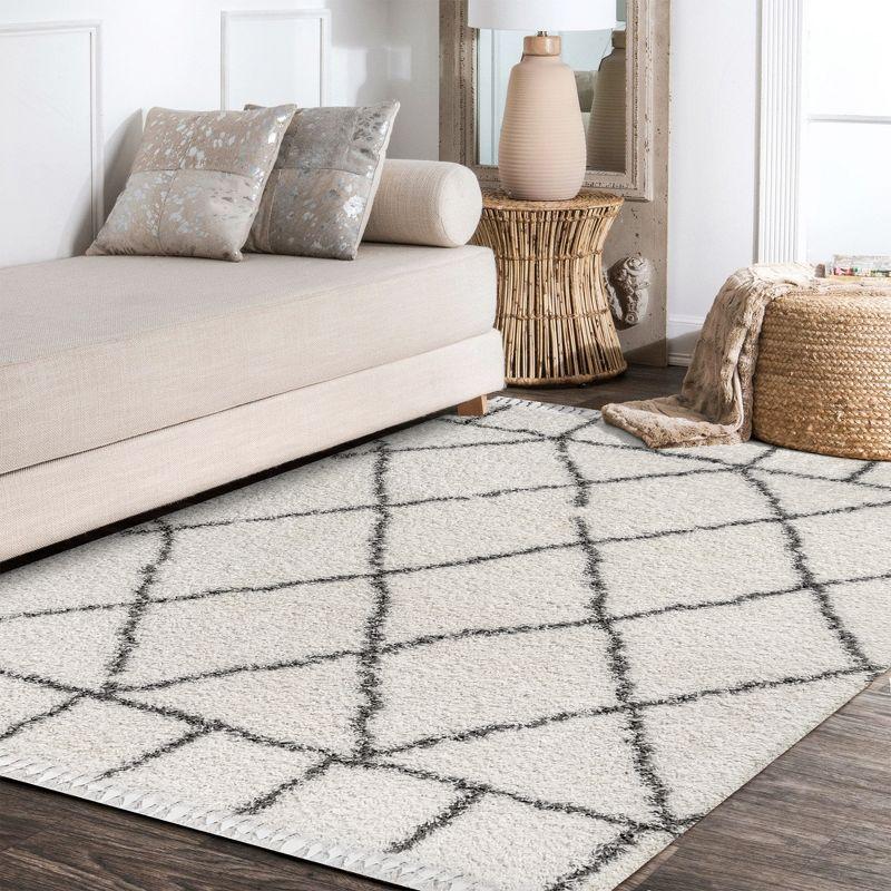 4'x6' Mercer Shag Plush Tassel Moroccan Geometric Trellis Area Rug, Cream/Grey - JONATHAN Y