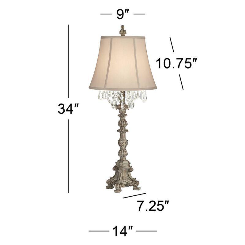 Barnes and Ivy Duval Traditional Table Lamp 34" Tall Distressed Antique White Candlestick Crystal Beige Fabric Bell Shade for Bedroom Living Room Home