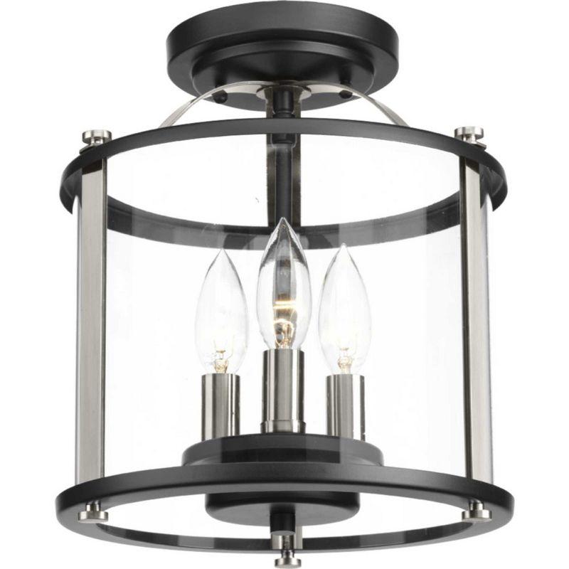 Progress Lighting, Squire Collection, 3-Light Semi-Flush Lantern, Black Finish, Clear Glass Shade