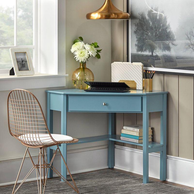 Antique Blue Corner Desk with Drawer and Shelf