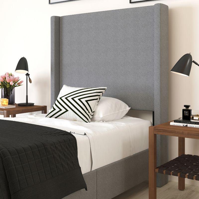 Merrick Lane Modern Platform Bed - Gray Faux Linen - Queen - Padded Wingback Headboard - 8.5" Floor Clearance - Wood Support Slats - No Box Spring Needed