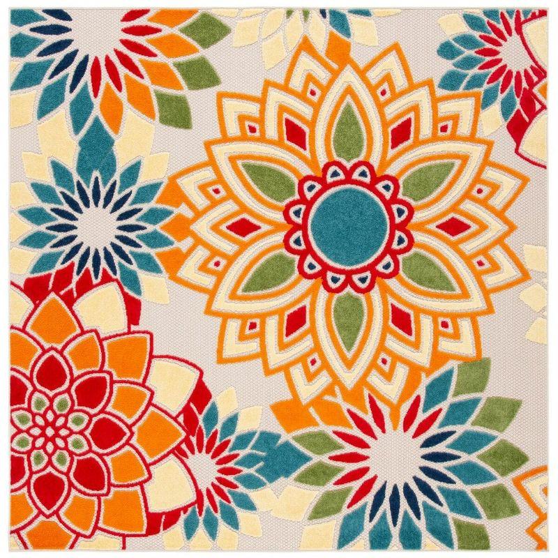 Ivory and Orange Floral Synthetic Square Area Rug