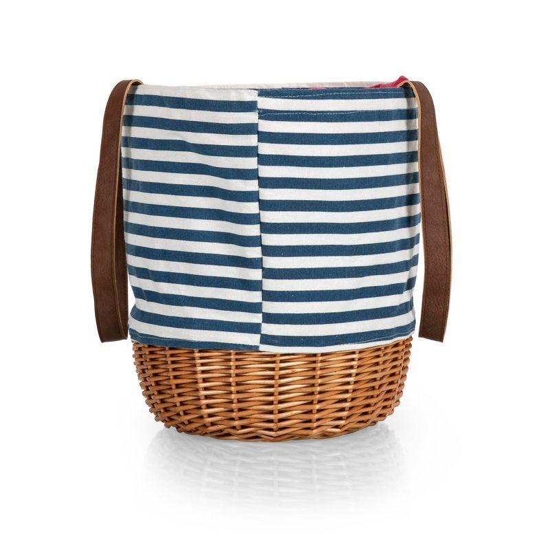 Picnic Time Coronado Canvas and Willow Basket Tote with Navy Blue and White Stripe