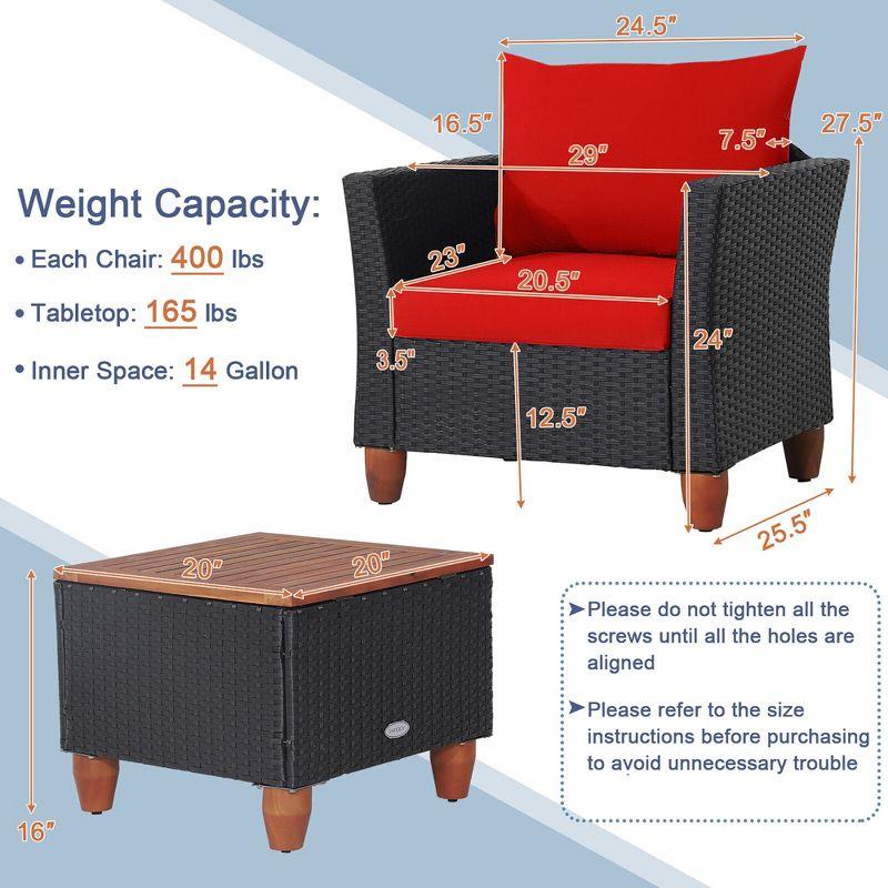 Tangkula 3PCS Patio Rattan Conversation Set Outdoor Furniture Set w/ Red Cushions