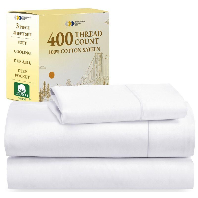 Cotton Sheets Set - Softest 400 Thread Count Bed Sheets, 100% Cotton Sateen, Cooling, Deep Pocket by California Design Den