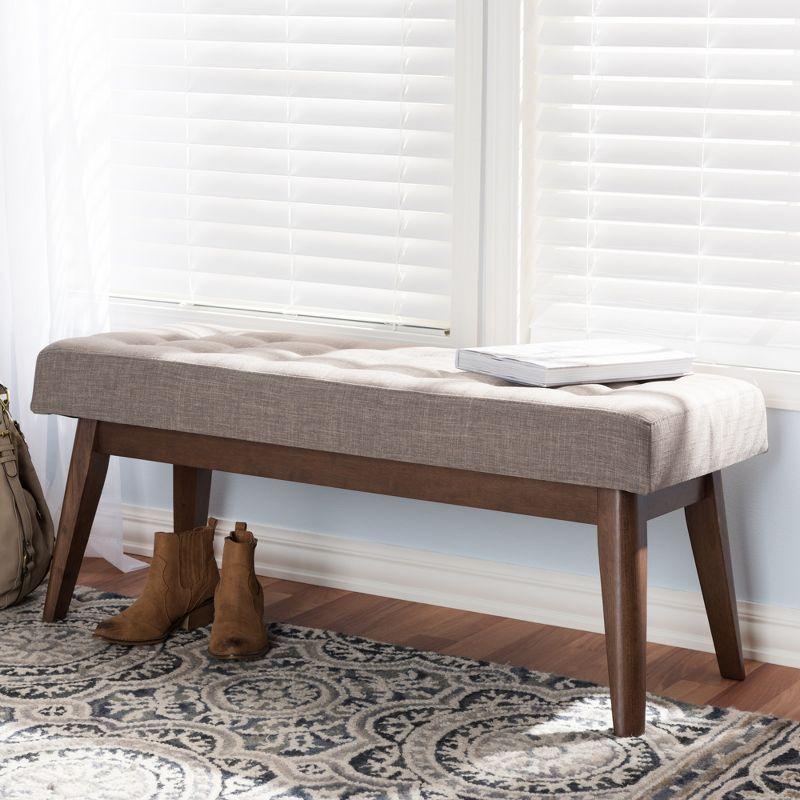 Elia Mid Century Modern Walnut Wood Fabric Button Tufted Bench Light Gray - Baxton Studio