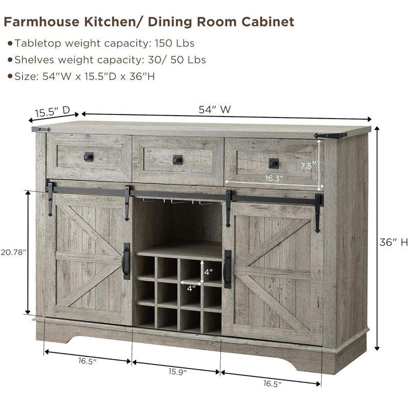 SinCiDo 54" Wine Bar Cabinet w/Sliding Barn Door, Kitchen Coffee Bar Cabinet w/Wine & Glass Rack, 3 Drawers, Large Buffet Sideboard, Light Rustic Oak