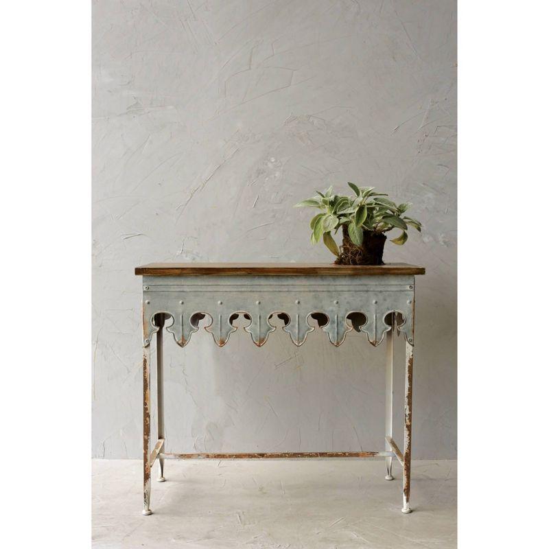 Storied Home Scalloped Sofa Table Silver: Farmhouse Zinc-Finish, Fir Wood Top, 44 lbs Capacity