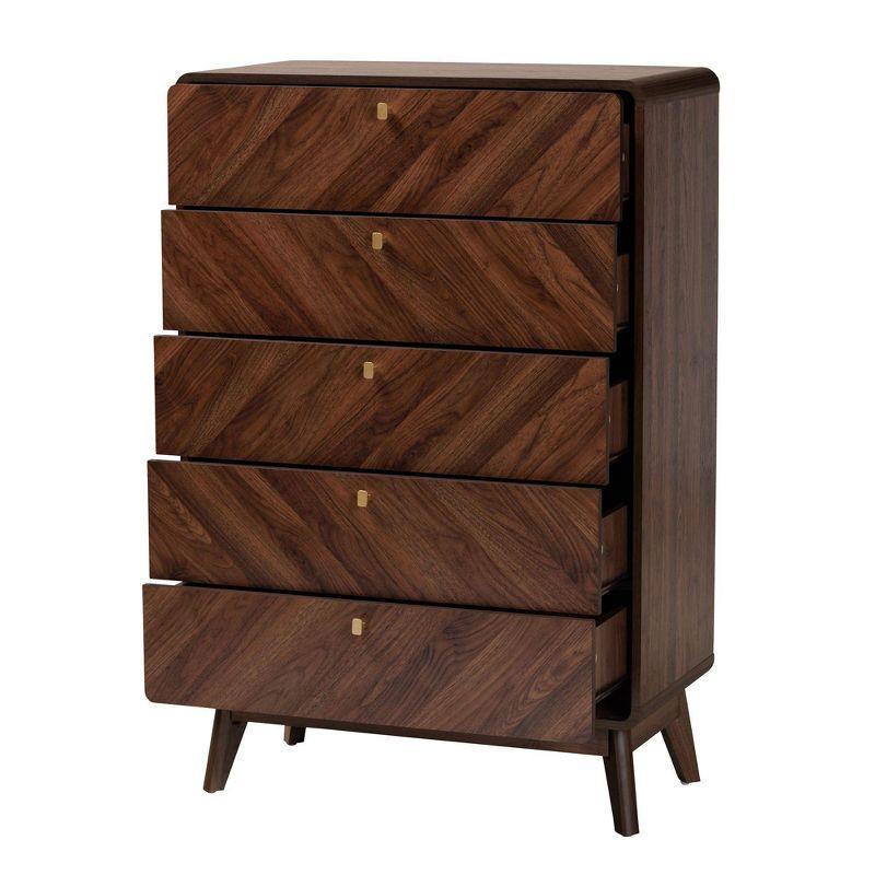 Baxton Studio Markell Wood 5 Drawer Storage Chest Walnut Brown/Gold: Mid-Century Modern Design, Bedroom Organizer