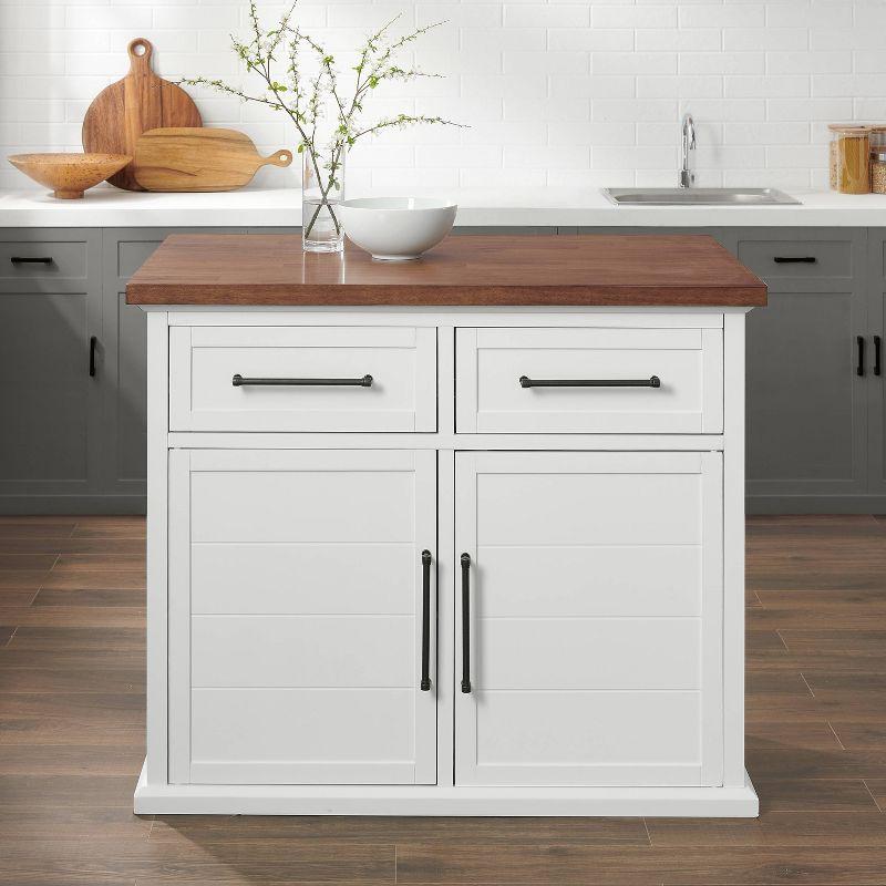 Crosley Bartlett Wood Top Kitchen Island White/Walnut: Traditional Style, Adjustable Shelves, Storage Cart