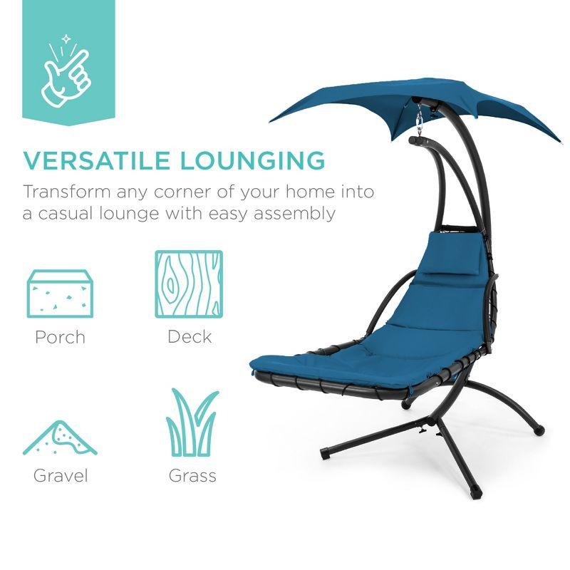 Best Choice Products Hanging Curved Chaise Lounge Chair Swing for Backyard, Patio w/ Pillow, Shade, Stand - Peacock Blue