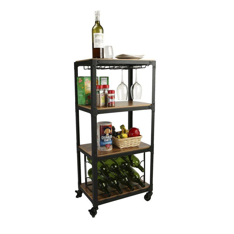 Black Wood and Metal Rolling Bar Cart with Wine Rack