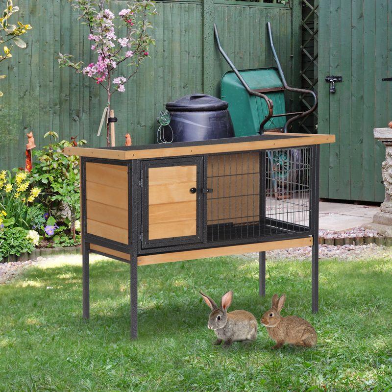 PawHut Rabbit Hutch Elevated Bunny Cage Small Animal Habitat with Metal Frame, Wire Pan, and Asphalt Roof for Indoor/Outdoor Natural Wood