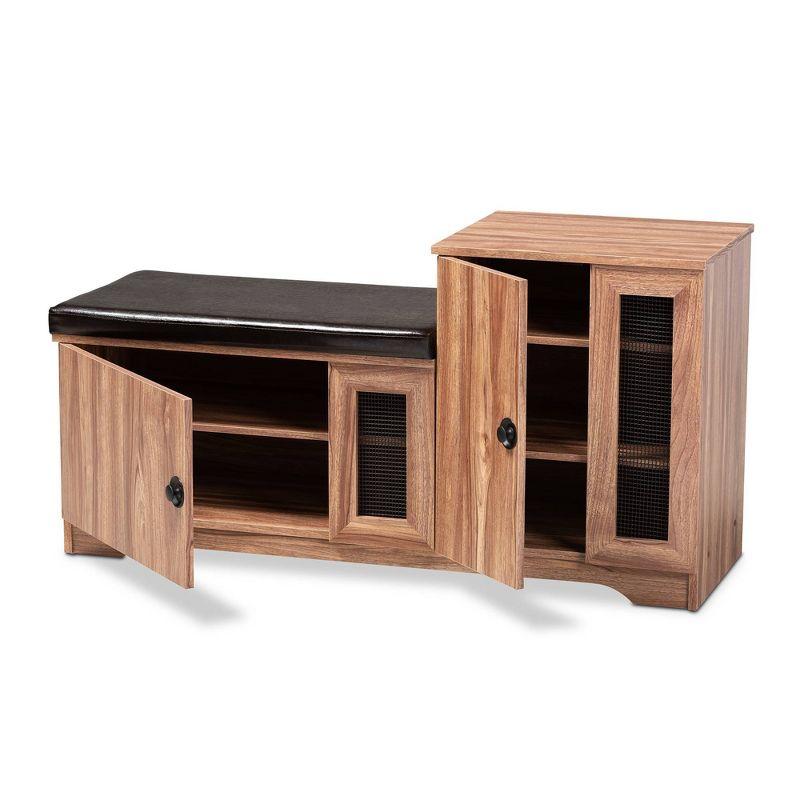 2 Door Valina Faux Leather Wood Shoe Storage Bench with Cabinet Brown - Baxton Studio: Engineered Oak Finish, 5 Shelves