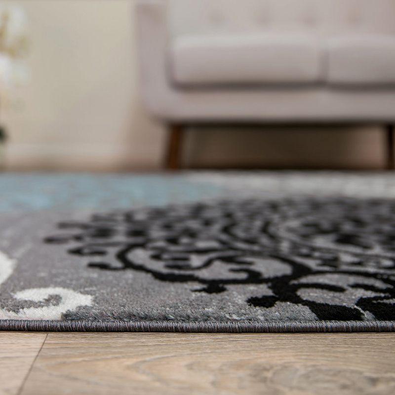 Gray and Blue Floral Synthetic Low Pile Area Rug