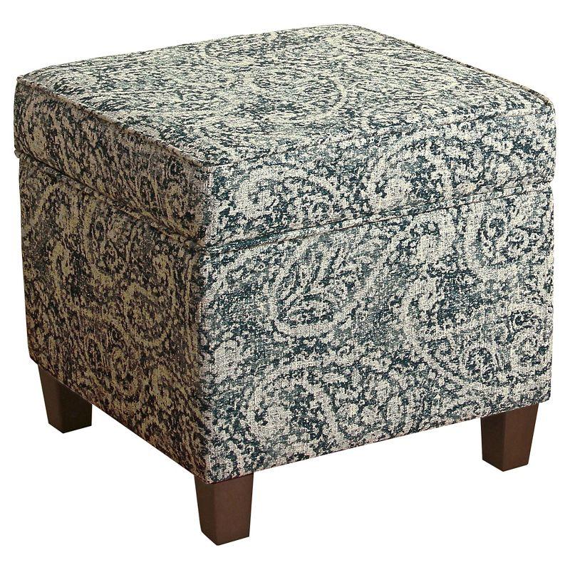 Blue/Gray Paisley Upholstered Square Storage Ottoman with Dark Walnut Legs