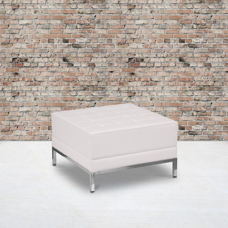 White Tufted Leather Square Ottoman with Stainless Steel Frame