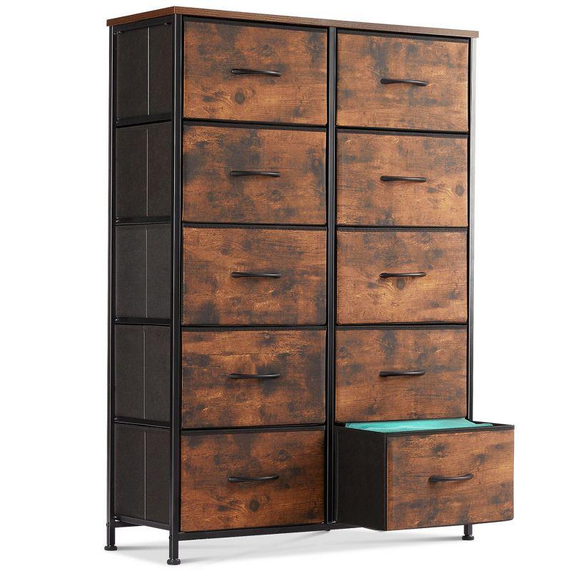 Sweetcrispy Tall Black and Wood 10-Drawer Dresser with Fabric Bins