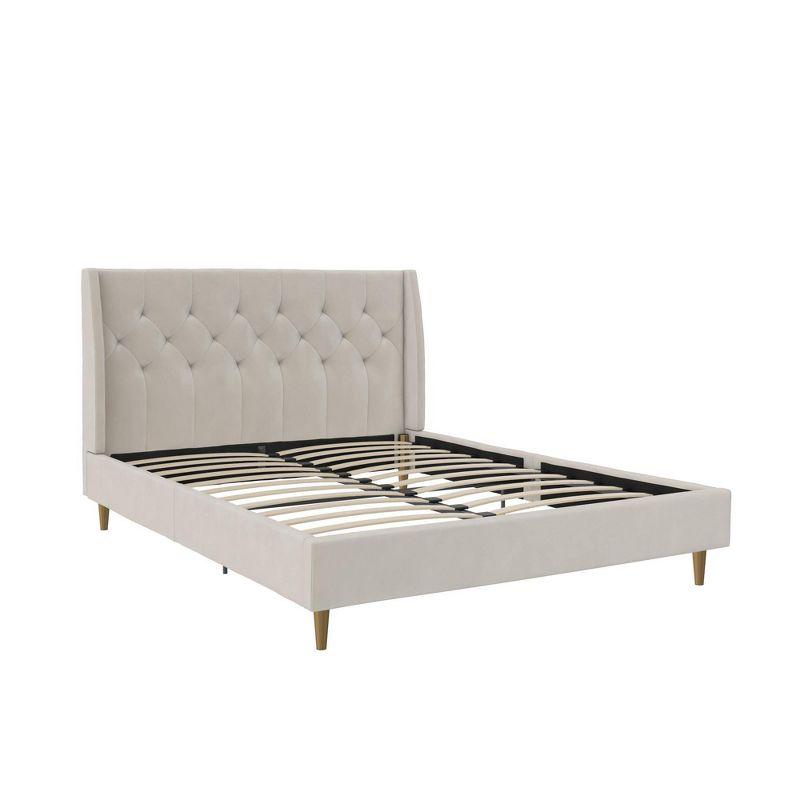 Ivory Velvet Queen Platform Bed with Diamond Tufted Wingback Headboard